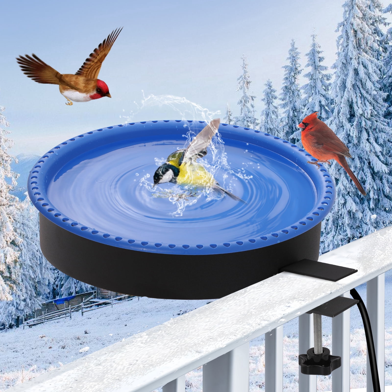 2 in 1 Heated Bird Bath for Outdoors for Winter,75W Bird Bath Heater with Thermostatically Controlled，Heated Bird Bath for Deck Railing for All Seasons Outdoor Garden Yard Patio Lawn(Blue)