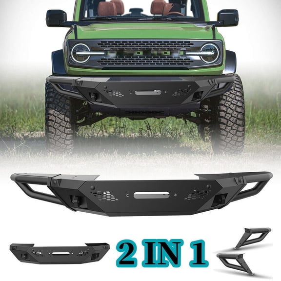 2 IN 1 Heavy Duty Steel Bronco Front Bumper Kits Replacement For 2021-2023 Ford Bronco(not Bronco Sport) Mid-Width Front Bumper + Full-Width Side Wings