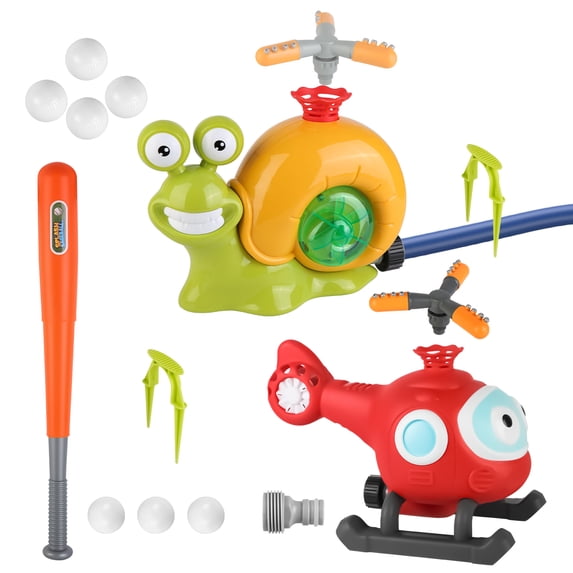 2 in 1 Helicopter and Snail Water Sprinkler Baseball Toy Set for Kids with 2 Sprinkler Heads, Outdoor Spray Backyard Lawn Garden Summer Water Party Game