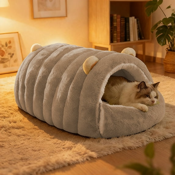 2 In 1 Hooded Pet Bed for Small Dogs & Cats, Winter Plush Calming Dog & Cat Cave bed for Indoor Outdoor, Wear-resistant Removable Washable Dog & Cat House with Non-Slip Bottom