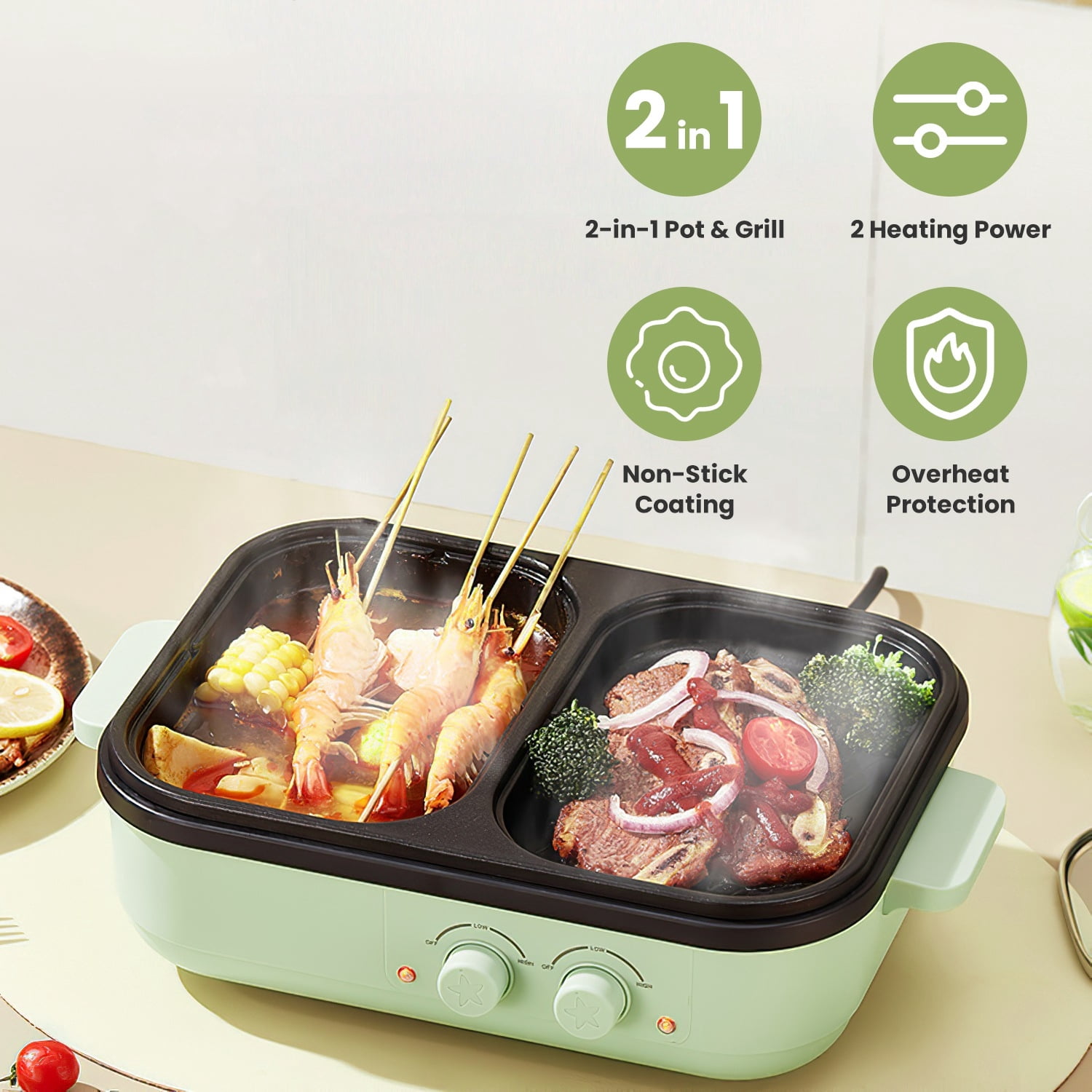 2 In 1 Hot Pot And Grill Combo, Dual Independent Temperature Control Non-Stick Die-Cast Aluminum Cooker, Overheat Protection Small Appliance For 1-2 People Dorm Kitchen Household Use