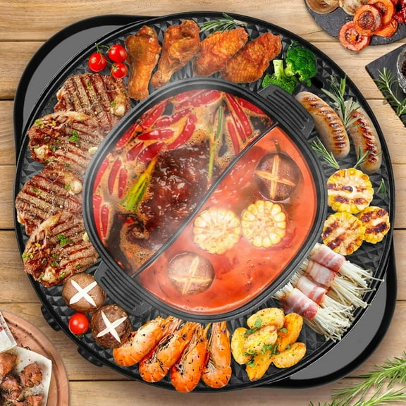 2 in 1 Hot Pot with Grill, Electric Korean BBQ Grill, Independent Dual Temperature Control & Non-stick Pan, Multi-function Smokeless Barbecue Grill for Family and Friends Gathering