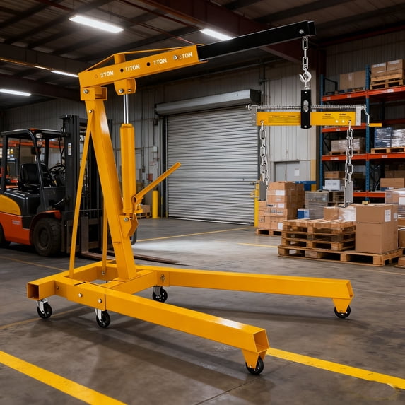 2 in 1 Hydraulic Engine Hoist & Leveler, 4400lb Capacity Car Engine Lifter, Yellow Folding Car Hoist, 2.5in Comfort Grip, Quick Setup, for Garage, Auto Shop, Worksite