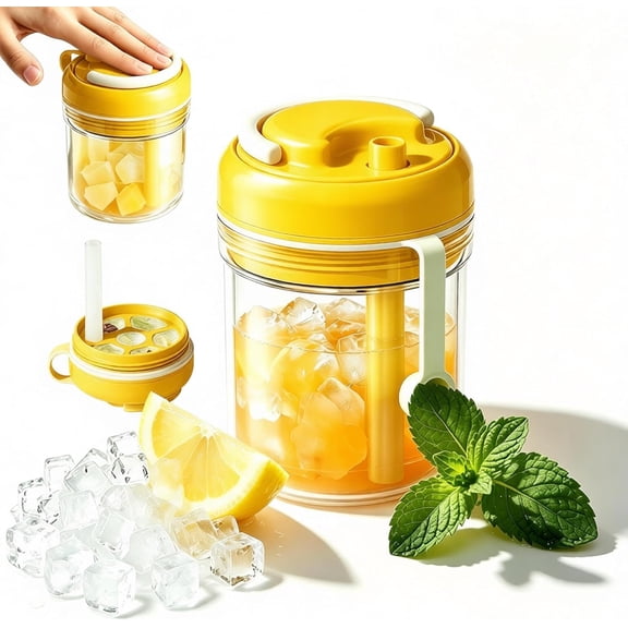 2 in 1 Ice Cube Bottle with Built-in Straw, Touch-Free Press Release Ice Cube Mold Reusable for Freezer,BPA-Free Silicone Portable Water Bottle for Home Office Camping Picnic Whiskey (Yellow, 380ML)