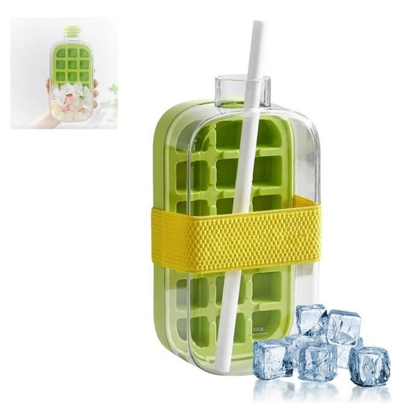 2 In 1 Ice Cube Bottle, Green Ice Cube Bottle with Straw, Portable Touch Free Ice Cube Trays, Press To Release Ice Tray for Home Ice Making, Outdoor Picnics, Office Use (800ml/27oz)