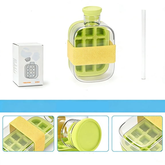 2 In 1 Ice Cube Bottle, Ice Cube Bottle With Straw, Portable Touch Free Ice Cube Trays, Press To Release Ice Tray for Home Ice Making, Outdoor Picnics, Office Use