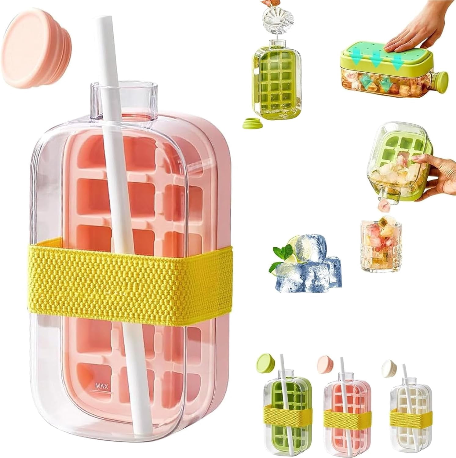 2 In 1 Ice Cube Bottle with Straw, 800ml Reusable Press Ice Cube Cup, Portable Leakproof Water Bottle, Freezer Ice Maker Container for Home Travel Gym Summer Cold Drinks(Pink)(k)