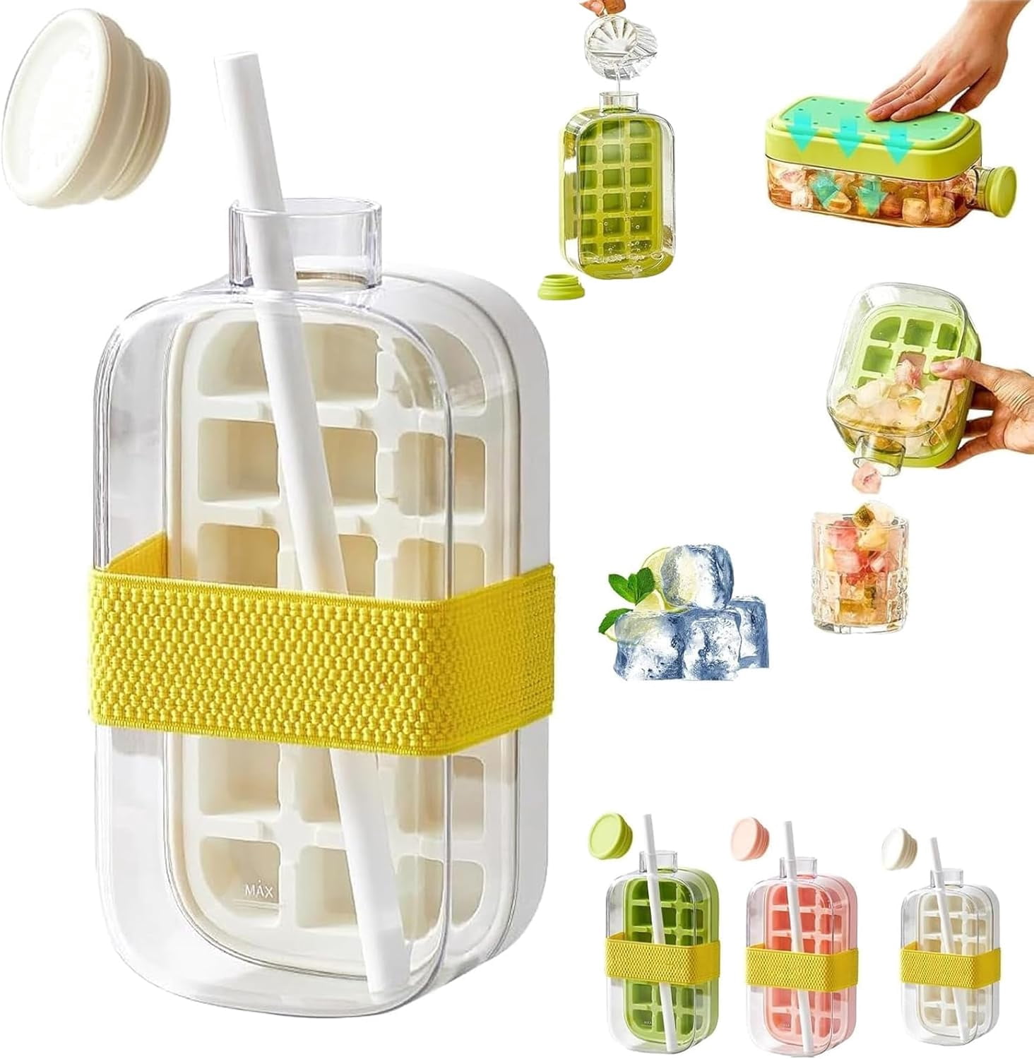 2 In 1 Ice Cube Bottle with Straw, 800ml Reusable Press Ice Cube Cup, Portable Leakproof Water Bottle, Freezer Ice Maker Container for Home Travel Gym Summer Cold Drinks(White)(k)