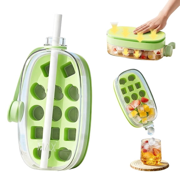 2 in 1 Ice Cube Bottle with Straw,Ic e Cube Mold Cup with Built-in IceTray,Silicone Cubed IceCup,Easy Press to Release Touch-Free Icemaker,Portable Ice CubeCup for Cold Drinks,Office,Gym,Travel
