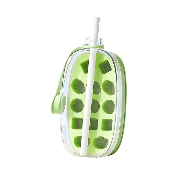 2 in 1 Ice Cube Bottle with Straw, Water Bottle with Built in Ice, Press to Release Touch Free Tray Leak Proof Lid for Outdoor Office Travel Home Essential (1PCS Green)
