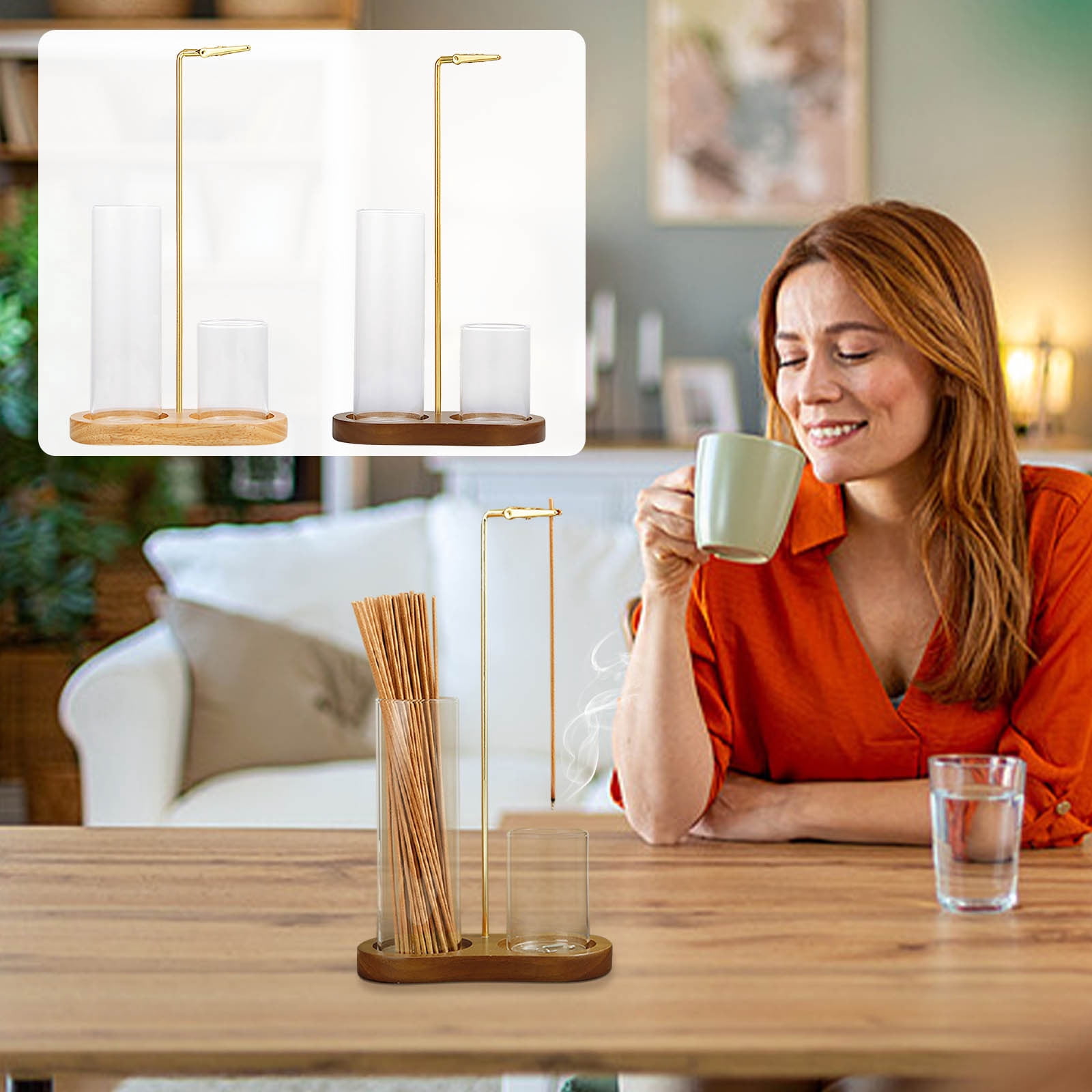 2 in 1 Incense Holder Solid Rubber Wood 8-Shaped Base | Glass Cup Ash Catcher | Secure Clip Metal Arm | For Meditation | Clean Burning | Single Pack