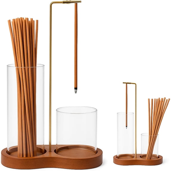 2 in 1 Incense Holder for Sticks, Insence-Stick Holder with Glass Ash Catcher & Incense Sticks Organizer, Anti-Ash Flying Incense Burne for Yoga, Spa, Meditation, Wooden Home Decor (Walnut)