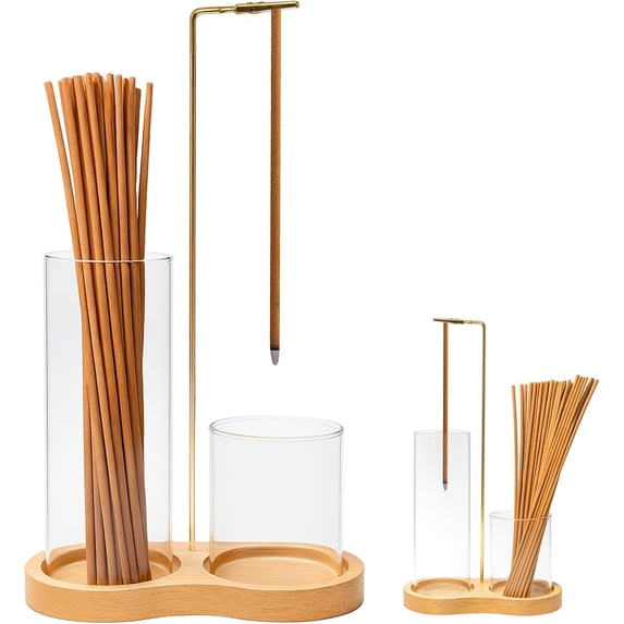2 in 1 Incense Holder for Sticks, Insence-Stick Holder with Glass Ash Catcher & Incense Sticks Organizer, Anti-Ash Flying Incense Burne for Yoga, Spa, Meditation, Wooden Home Decor (Natural)