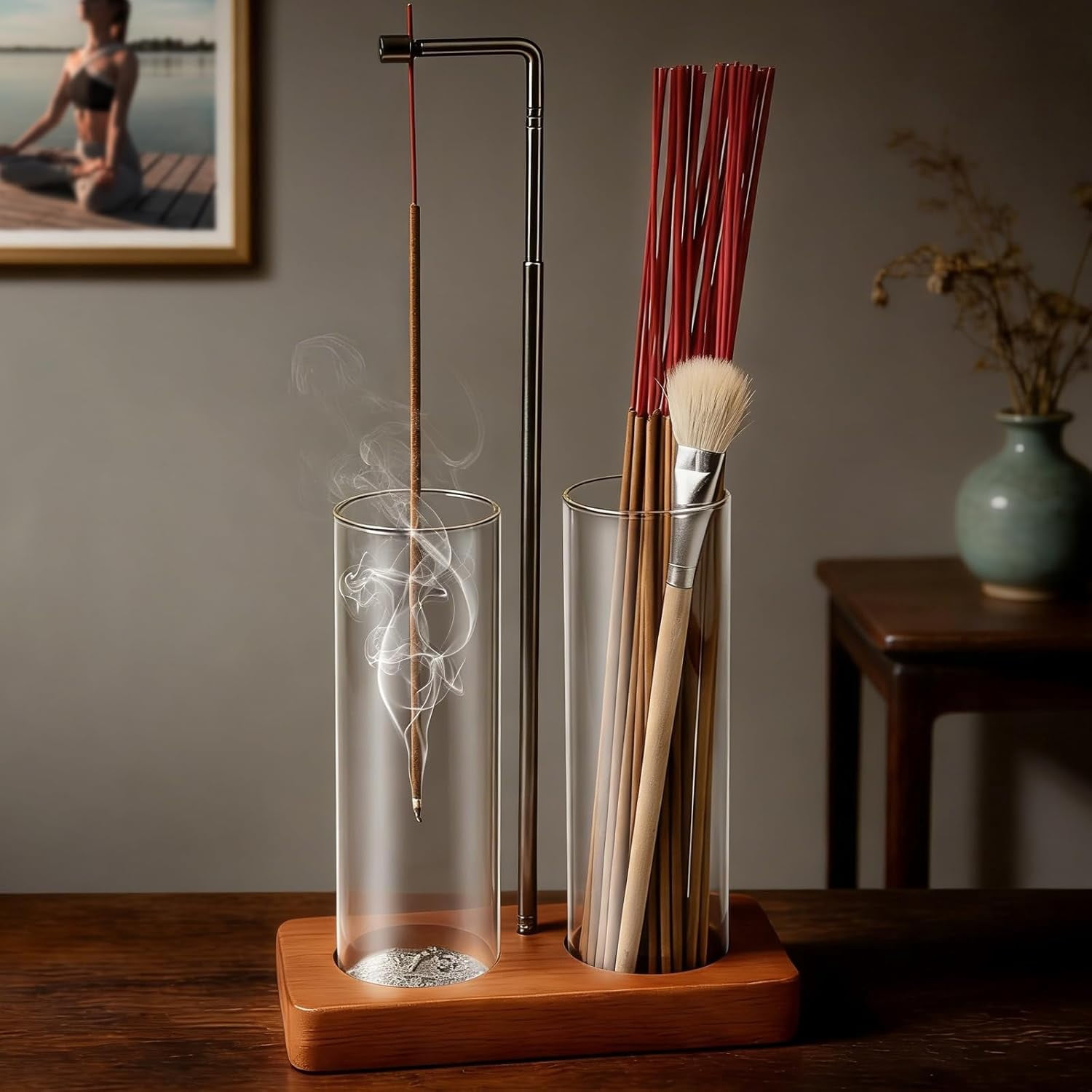 2 in 1 Incense Holder Wooden Modern Design, for Sticks with Glass Ash Catcher, Retractable Vertical Burner Yoga Spa Mess-Free Collector Meditation, Home Office Decor