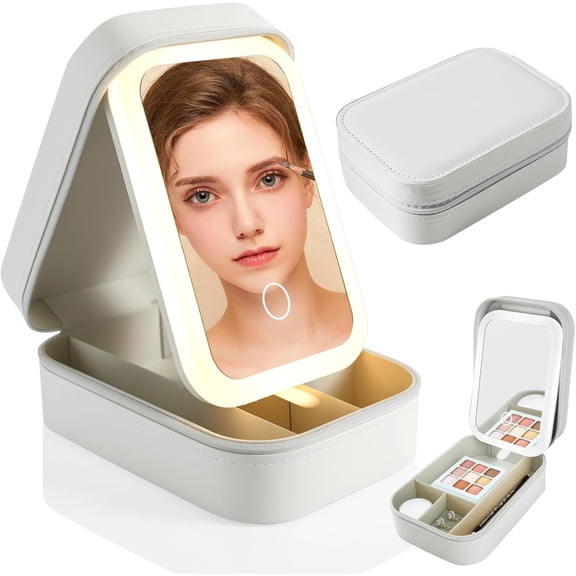 2 in 1 Jewelry Box, Travel Makeup Bag with LED Lighted, Make up Case with Lighting Mirror, Portable Cosmetic Bags, Beauty Tools Organizer, Rechargeable 3 Color Lights for Women