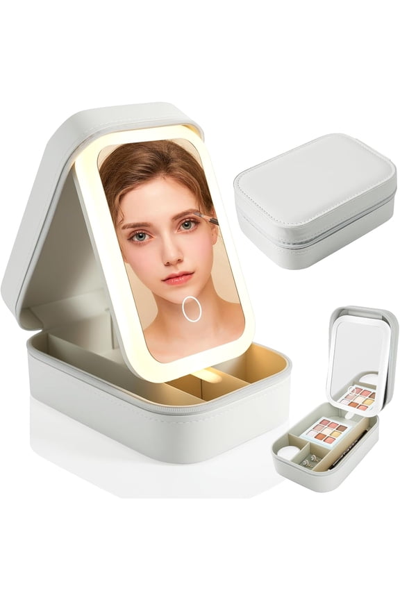 2 in 1 Jewelry Box, Travel Makeup Bag with LED Lighted, Make up Case with Lighting Mirror, Portable Cosmetic Bags, Beauty Tools Organizer, Rechargeable 3 Color Lights for Women