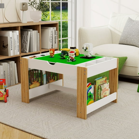 2 in 1 Kid Activity Table with 7 Storage Compartments, Construction Play Table with LEGO Building Block, Lego Table With Storage Modern Activity Learning Table Game Furniture, White
