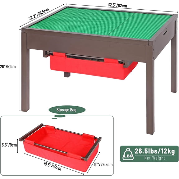 2 in 1 Kids Activity Table with Storage Drawers, Wooden Construction Play Table with Detachable Blocks and Blackboard Top, Compatible with LEGO and DUPLO Bricks (Espresso)