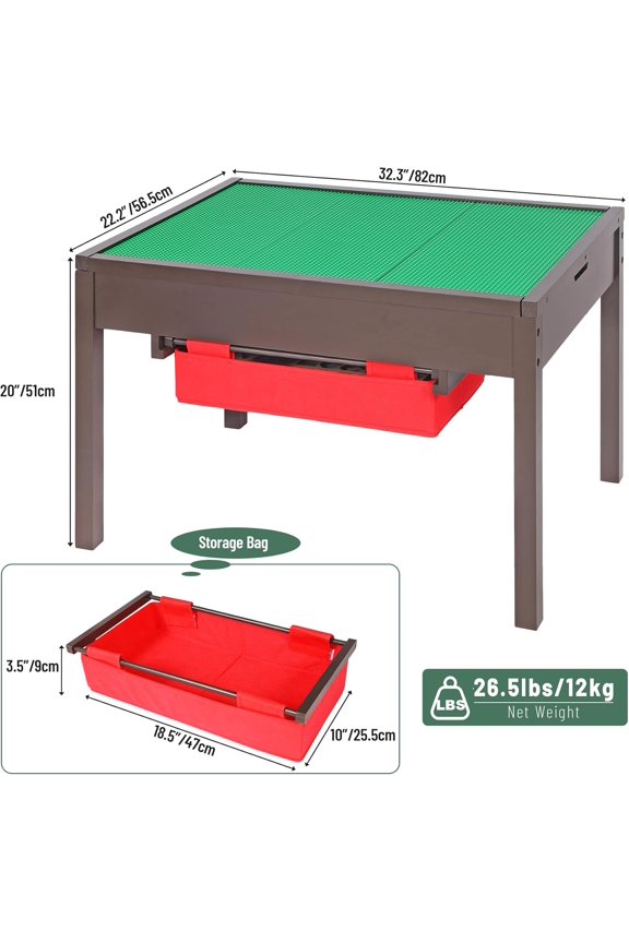 2 in 1 Kids Activity Table with Storage Drawers, Wooden Construction Play Table with Detachable Blocks and Blackboard Top, Compatible with LEGO and DUPLO Bricks (Espresso)