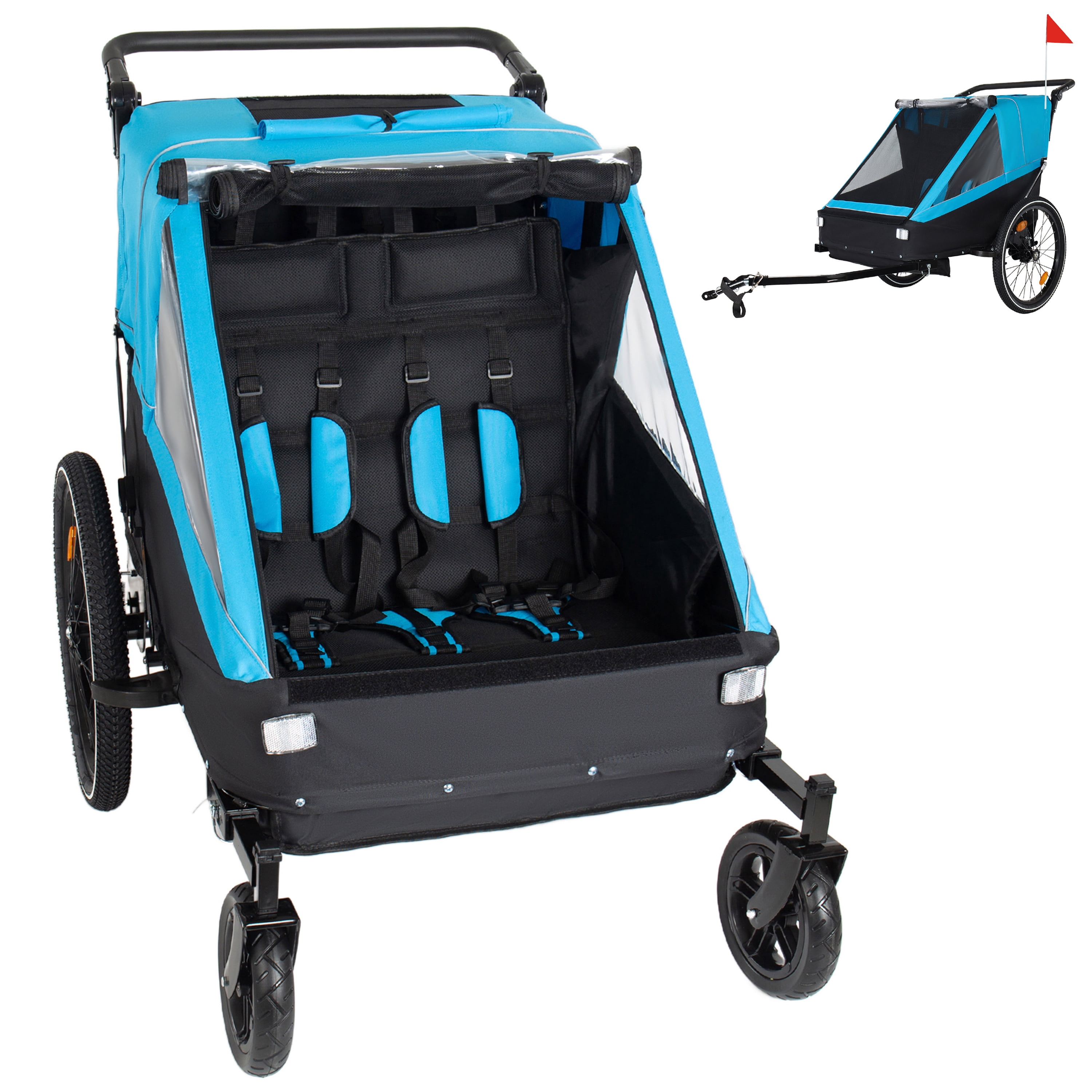 2 in 1 Kids Bike Trailer & Stroller, Jogging Style for 1-2 Children, Foldable with Universal Hitch, 5-Point Harness and Storage Bags for Outdoor Activities