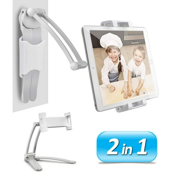 2 in 1 Kitchen Cabinet Tablet Holder, Wall Mount Desktop Stand for 12.9 Aluminum Alloy Metal Adjustable Multiangle Foldable Universal Phone Tablet Bracket Cooking Table Counter Top (Silver)