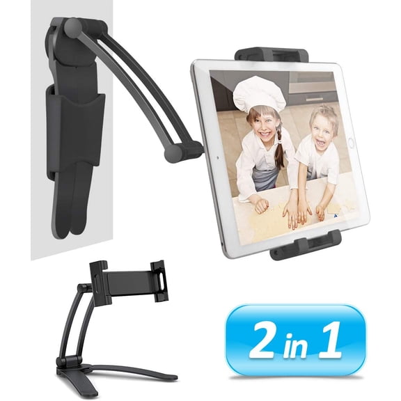 2 in 1 Kitchen Cabinet Tablet Holder, Wall Mount Desktop Stand for ipad 12.9 Aluminum Alloy Metal Adjustable Multiangle Foldable Universal Phone Tablet Bracket Cooking Table Counter Top (Black)