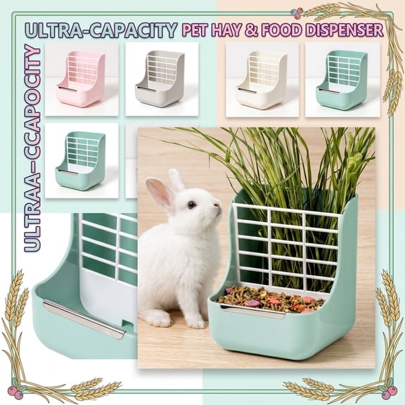 2 in 1 Large Capacity Pet Hay Feeder Rack - Guinea Pig Hay & Food Dispenser Manger for Rabbits,Wall Mountable Small Animal Grass Holder Bowl,Green,Green