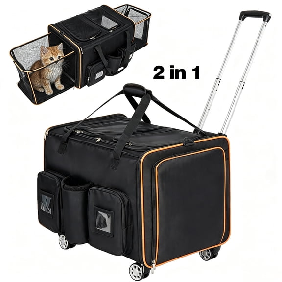2 In 1 Large Cat Carrier for 2 Perts, Rolling Pet Carrier with Wheels, Expandable Foldable Double Pet Carrier with Removable Divider, Breathable Mesh Oxford, Cat Travel Crate