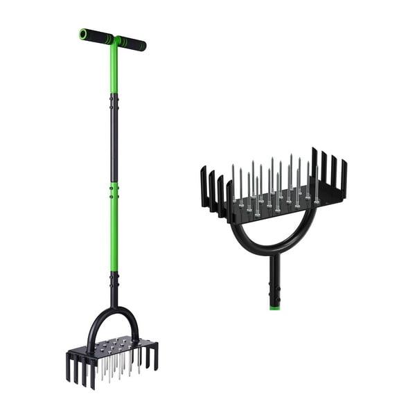 2 in 1 Lawn Aerator, 31.8" Manual Aerator with 16 Iron Spikes & 8 Hollow Slots, Non-Slip T-Handle, Stainless Steel for Compacted Soils & Lawns Yard Garden