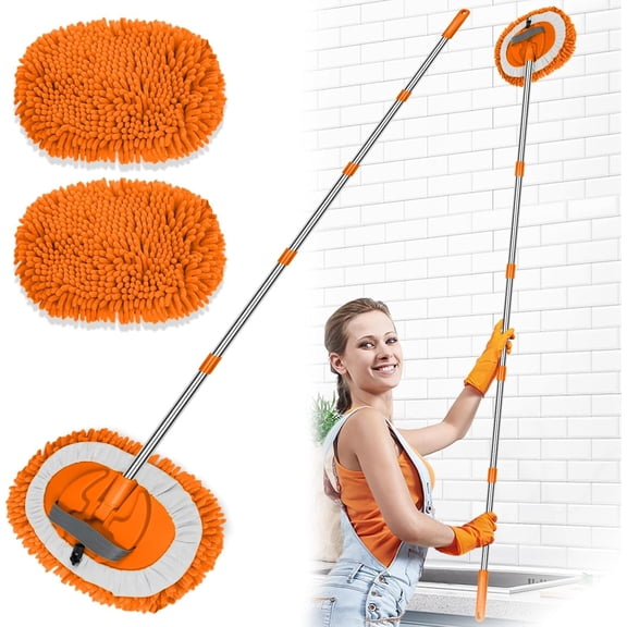 2 in 1 Lightweight Wall Cleaner Mop with Long Handle 75" 190cm Lint-Free Chenille Duster Mop for Kitchen Baseboard Floor Ceiling Glass Window Roof Adjustable Cleaning Brush Tool, 2 Heads