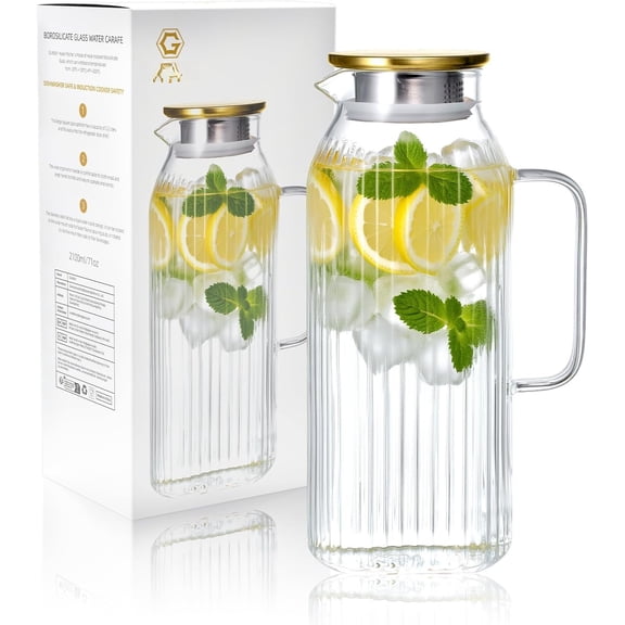 2.1 Liter 71oz Square Glass Pitcher with Lid, Classic Stripes Water Pitchers with Handle for Fridge, Leak Proof Juice Jug, Borosilicate Glass Carafe for Hot/Cold Brew Drink