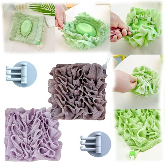 2 in 1 Loofah Washcloth with Soap Pocket & Drawstring, Exfoliating Mesh Shower Scrubber Glove for Body Wash – Soft Reusable Bath Sponge for Men & Women(2 PCS D)