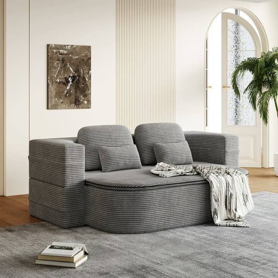 2 in 1 Loveseat Sofa with Blanket, 75" Convertible Sleeper Sofa Bed with 4 Pillows, Folding Corduroy Floor Sofa Guest Bed for Living Room, No Assembly Required, Grey