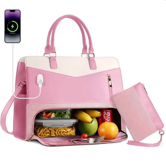 2 in 1 Lunch Tote Bag for Women Laptop Work Bag with Lunch Insulated Compartment and Purse Combo, 15.6 Inch Computer Crossbody bag Waterproof PU Leather Shoulder Bag for Daily, Office, Picnic