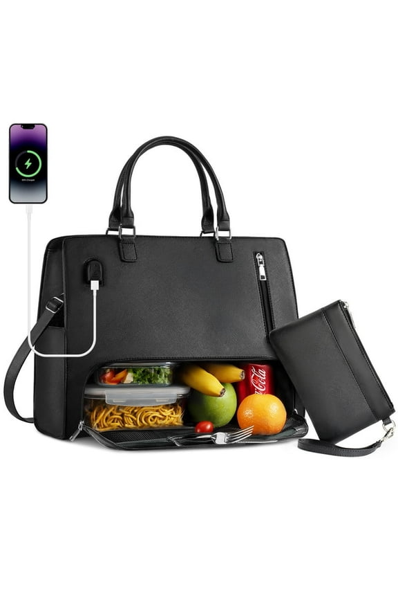 2 in 1 Lunch Tote Bag for Women Laptop Work Bag with Lunch Insulated Compartment and Purse Combo, 15.6 Inch Computer Crossbody bag Waterproof PU Leather Shoulder Bag for Daily, Office, Picnic