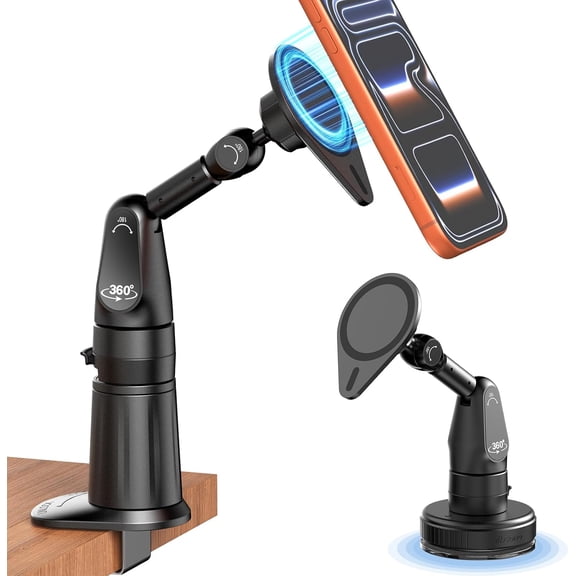 2 in 1 Magnetic Phone Holder Desk Mount, Cell Phone Clamp Clip for Pole Desk, Magnetic Phone Stand with Suction Cup, Compatible for iPhone 17 16,15, 14, 13 12 Pro/Max Samsung Galaxy, Google