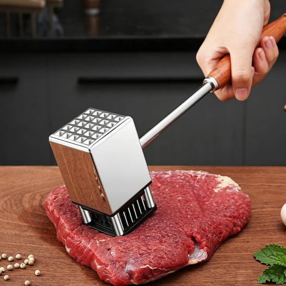 2 in 1 Meat Tenderizer Hammer, Heavy Duty Weighted Stainless Steel Needle Mallet with Non-Slip Natural Rosewood Handle, Easy to Clean Kitchen Tool for Steak Beef Pork Poultry, Ideal Cooking Gift