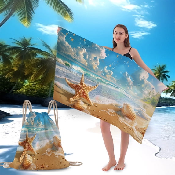 2 in 1 Microfiber Beach Towel with Drawstring Bag, Quick Dry Super Absorbent Sand Resistant Large Travel Backpack Towel for Swimming Pool Gym Picnic, 70x140 cm