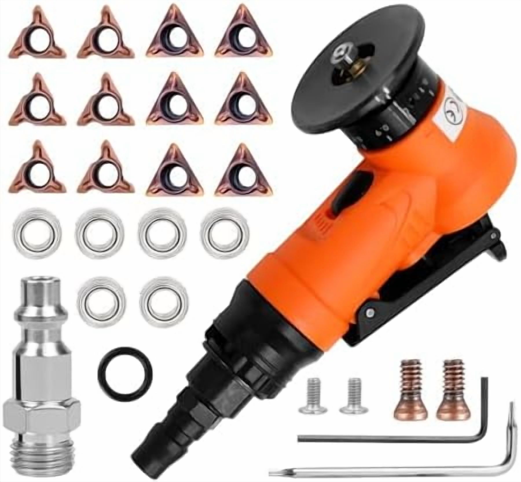 2 in 1 Mini Pneumatic Chamfering Machine, 45° Arc Corner Beveling Trimming Deburring Machine 30000RPM Handheld Chamfering Air Chamfer Tool with 1/4 Inch Air Inlet (C&R Angle Blades,Orange)