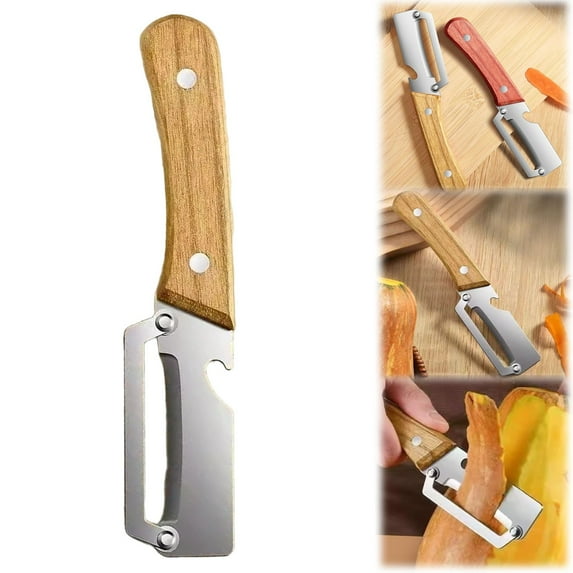 2 in 1 Multi Functional Vegetable Peeler,Vegetable Peeler with Wooden Handle & Bottle Opener,Stainless Steel Kitchen Peeler Tool,for Fruit Pumpkin Papaya Peeling Potato Carrot Veggie
