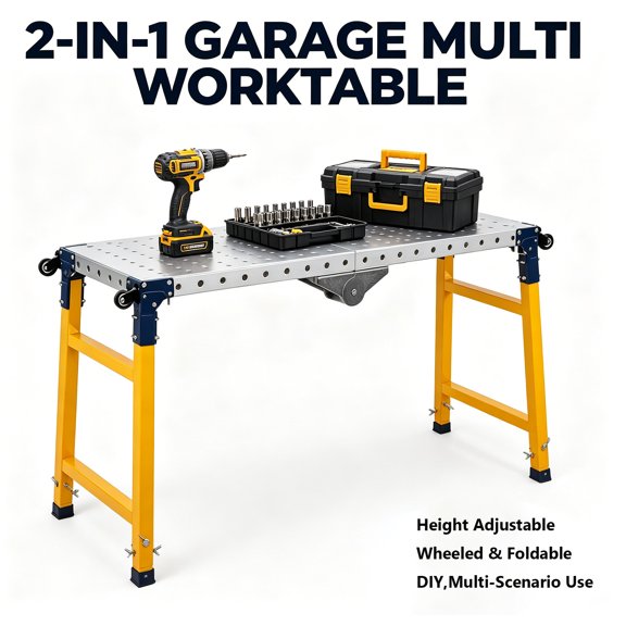 2 in 1 Multi Purpose Foldable Workbench with Wheels, Adjustable Height Garage Work Table, Versatile DIY Work Station for Assembly, Repair, Light Welding & Temporary Elevated Work