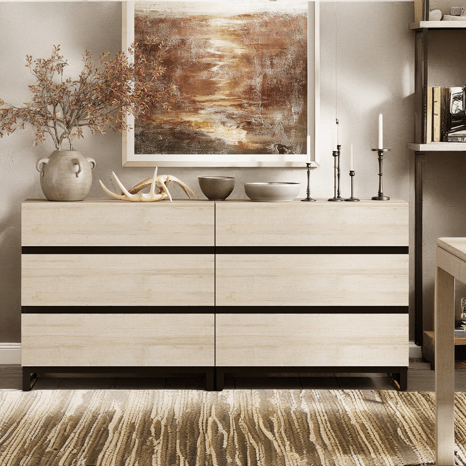2 In 1 Multifunctional Sideboard Buffet Cabinets, Modern Sideboard With Adjustable Shelf And 6 Drawers, Coffee Bar Cabinet Storage Cabinet For Living Room, Kitchen,Beige