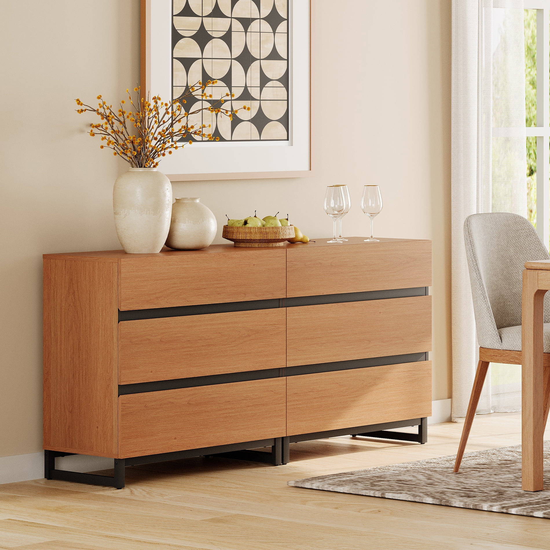 2 In 1 Multifunctional Sideboard Buffet Cabinets, Modern Sideboard With Adjustable Shelf And 6 Drawers, Coffee Bar Cabinet Storage Cabinet For Living Room, Kitchen,Mocha