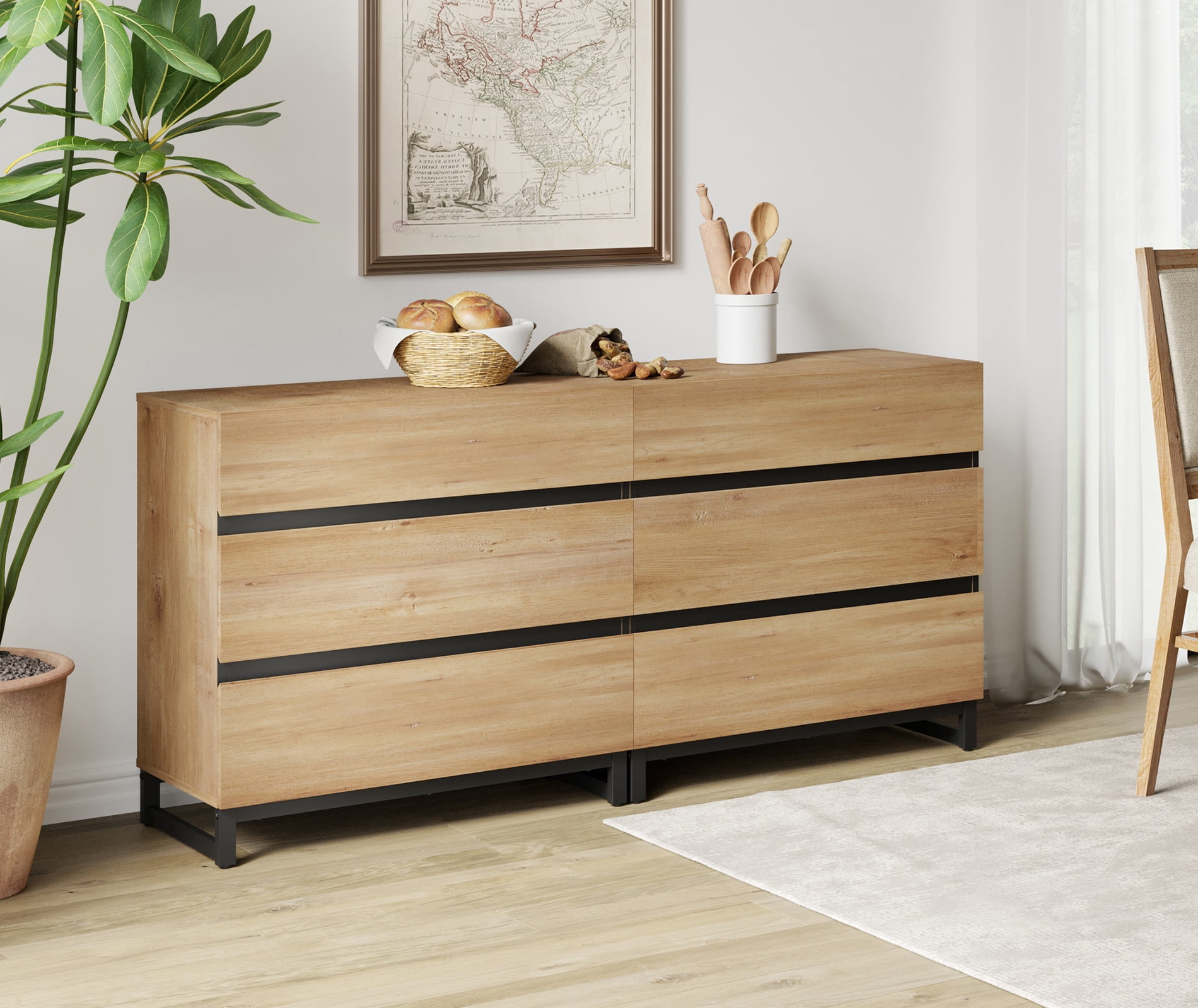 2 In 1 Multifunctional Sideboard Buffet Cabinets, Modern Sideboard With Adjustable Shelf And 6 Drawers, Coffee Bar Cabinet Storage Cabinet For Living Room, Kitchen,Oak