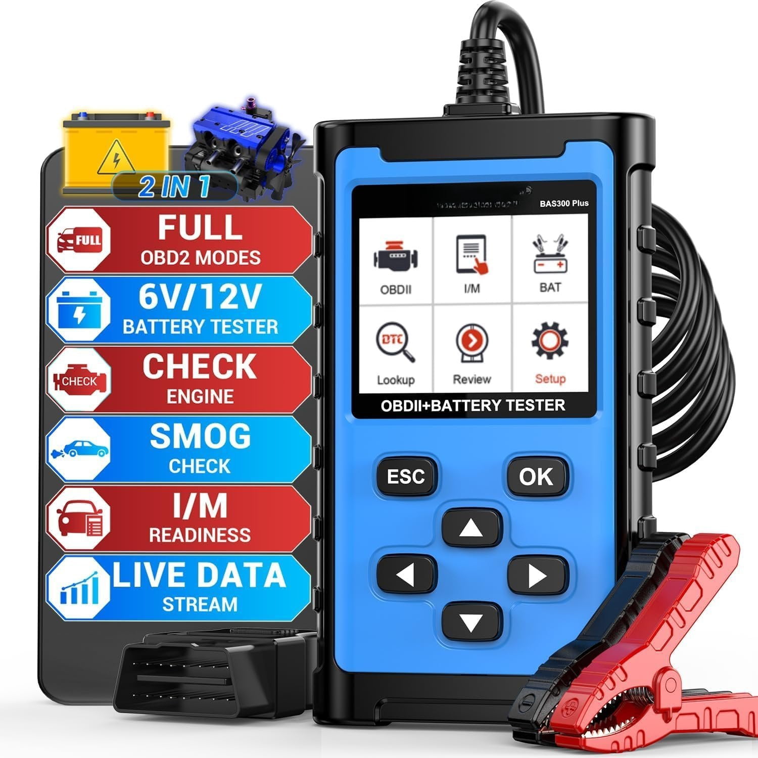 2 IN 1 OBD2 Scanner with Tester, BAS300 12V 100-2000 CCA Cranking Test ...