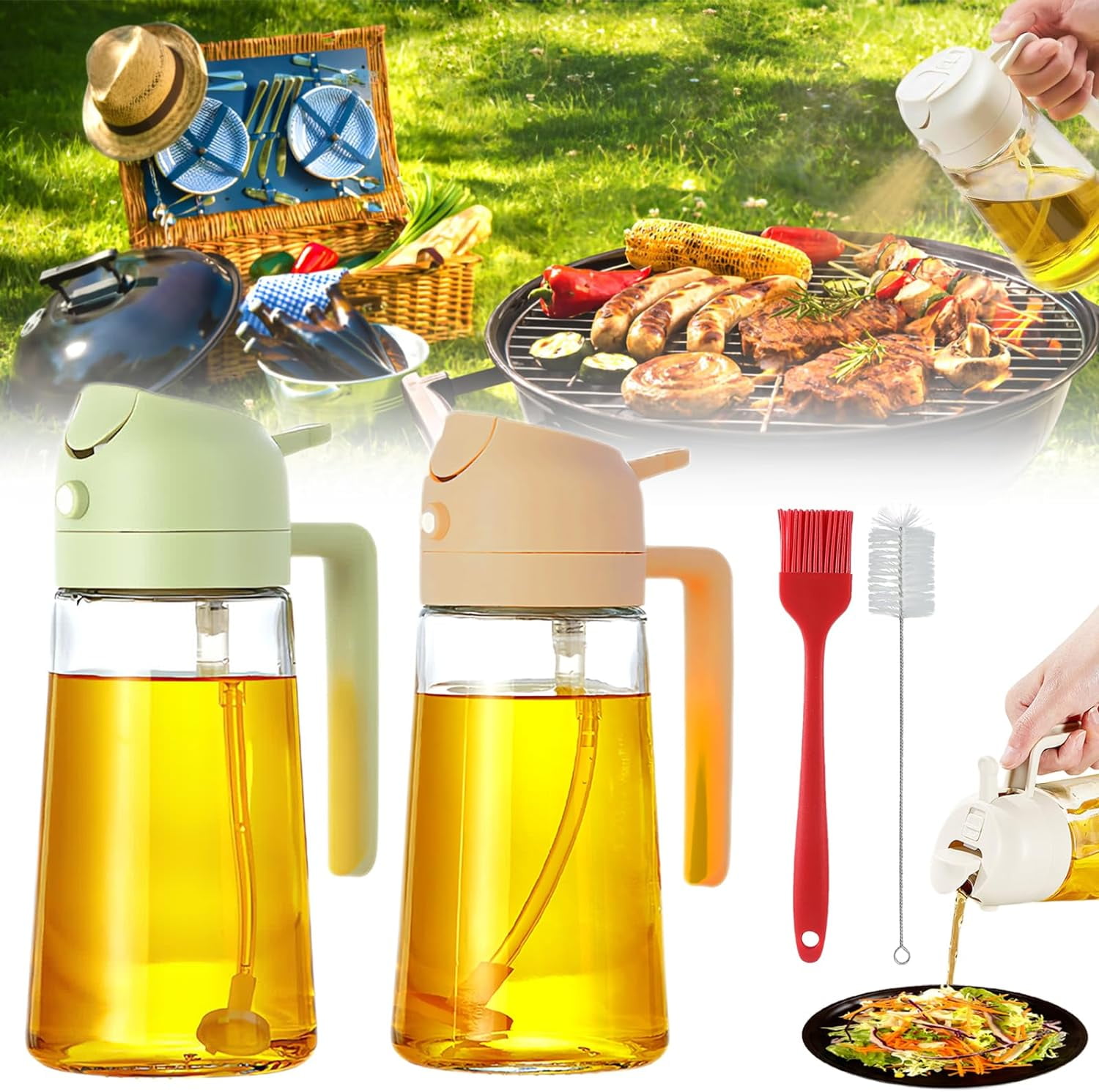2-in-1 Oil Sprayer & Dispenser – 16oz/470ml Glass Olive Oil Bottle With Portion Control, Non-Drip, For Cooking, Air Fryer, Salad & BBQ (White)
