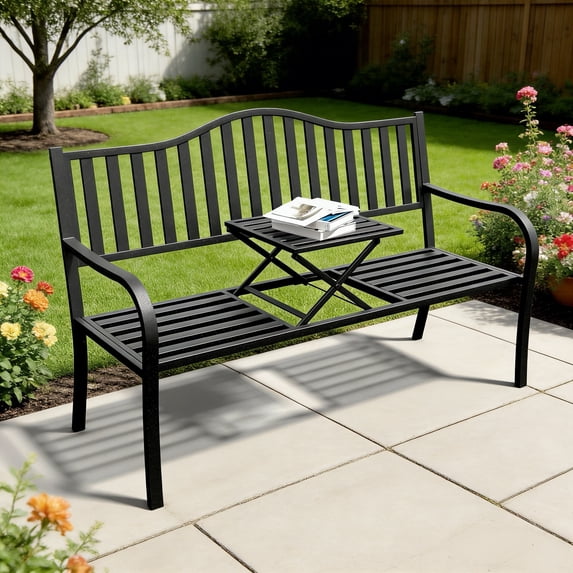 JMGJOY 2 in 1 Metal Outdoor Bench, Weatherproof Garden Bench, with Striped Pattern Backrest and Folding Middle Table, for Patio, Porch, Park, Lawn