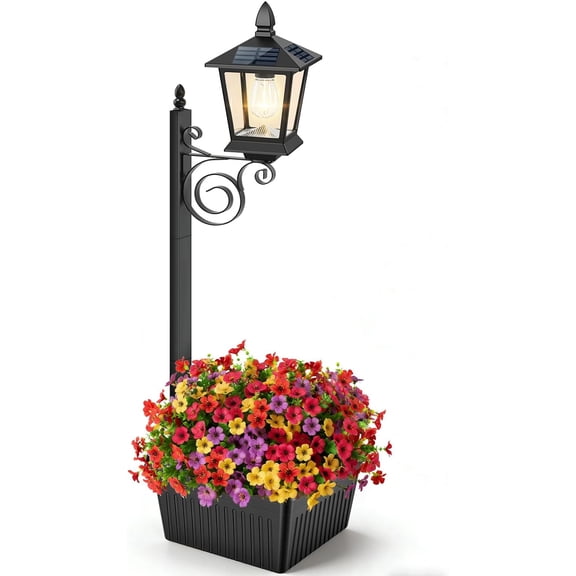2 in 1 Outdoor Flower Pots, 35 Solar Lamp Post Light with Planter, Metal Pole & IP65 Waterproof, Freestanding Outdoor Planters, Decorative Solar Lamp for Outside, Front Door, Yard, 1-Pack