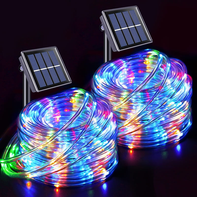 2/1 Pack 100 LED Solar Rope Lights, IP65 Solar Rope Lights Outdoor Waterproof LED, 33ft 8 Modes PVC Tube Rope Light for Trampoline Xmas Fence Yard Walkway Path Garden