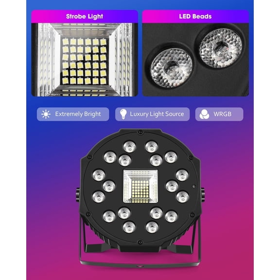 2 in 1 Party Lights 2 Packs, 18LEDs Stage Light with Strobe Light Sound Activated 7 Lighting Effects for House Parties Birthday Holiday Karaoke Bar Dance Club Pub Home Decorations